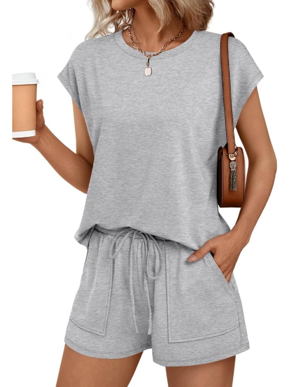 Womens Crew Neck Two Piece Short Sets Cap Sleeve Drawstring Summer Sweatsuit wit